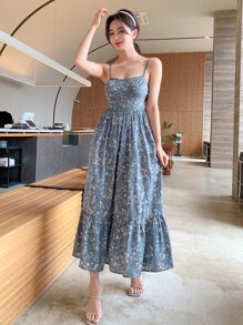 DAZY Ditsy Floral Print Ruffle Hem Cami Dress Sundress,Back To School Clothes Vacation Outfits Women - Blue - View 1