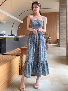 DAZY Ditsy Floral Print Ruffle Hem Cami Dress Sundress,Back To School Clothes Vacation Outfits Women - Blue - View 6