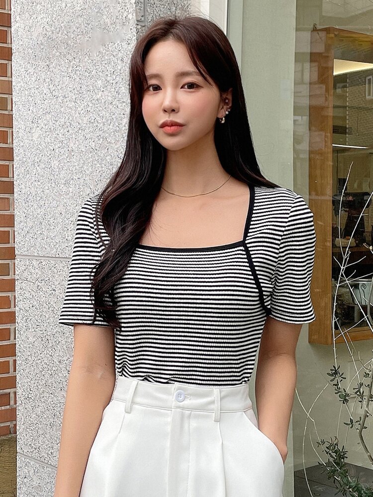 Striped Print Contrast Binding Tee,Crop Tops Women