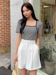 DAZY Striped Print Contrast Binding Tee,Crop Tops Women - Black and White - View 6