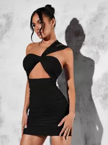 SHEIN BAE Đầm Cắt ra Xù màu trơn Gợi cảm - màu đen - Xem 1