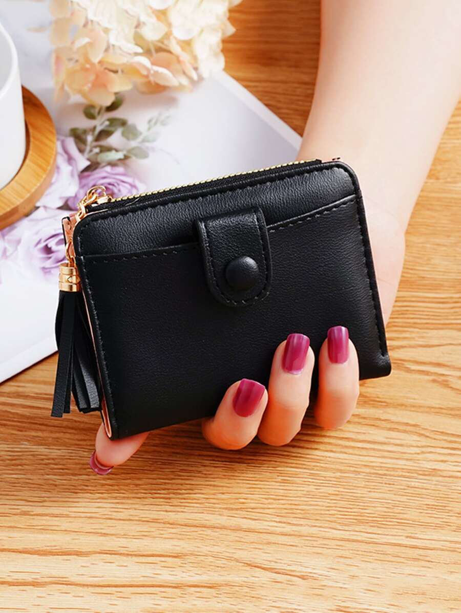 Tassel Decor Small Wallet PU Black - Black - View 1