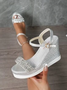 度假坡跟涼鞋適用於女士金屬亮絲金屬質感踝帶平底涼鞋 - 銀色 - 查看 1