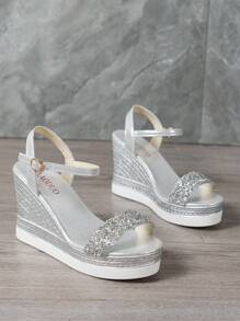 度假坡跟涼鞋適用於女士金屬亮絲金屬質感踝帶平底涼鞋 - 銀色 - 查看 4