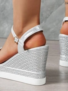 度假坡跟涼鞋適用於女士金屬亮絲金屬質感踝帶平底涼鞋 - 銀色 - 查看 6