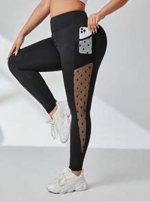 Plus Contrast Mesh Phone Pocket Side Sports Leggings - Black - View 3