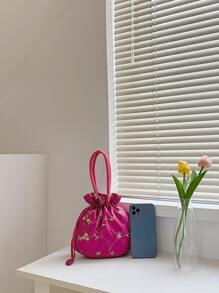 Mini Nữ Bucket Túi Tay Cầm Nữ Túi Đựng Điện Thoại Mùa Hè Ví Thêu Chi Tiết - Màu Hồng Tươi - Xem 5