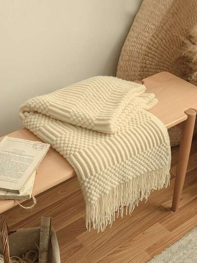 1 件复古风格纯色针织毛毯，带流苏，柔软温暖的沙发套，四季床罩，客厅和卧室装饰配件