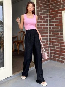 DAZY Solid Elastic Waist Wide Leg Trousers - Black - View 3