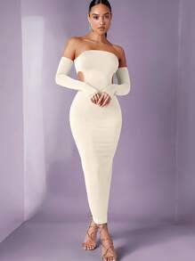 SHEIN BAE Đầm Lộ Lưng Cắt ra màu trơn Thanh lịch - Màu be - Xem 1