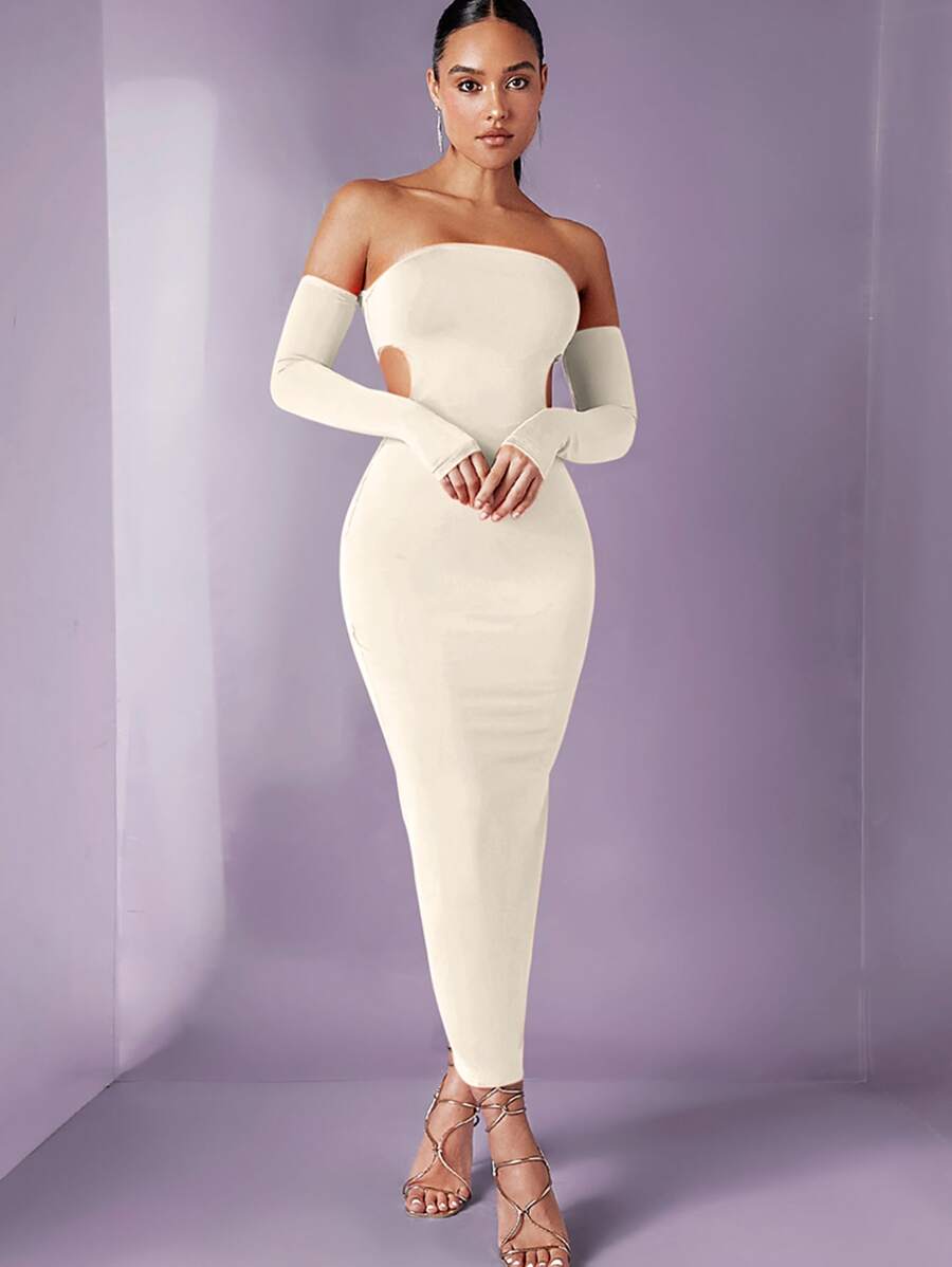 SHEIN BAE Đầm Lộ Lưng Cắt ra màu trơn Thanh lịch - Màu be - Xem 1