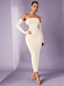 SHEIN BAE Đầm Lộ Lưng Cắt ra màu trơn Thanh lịch - Màu be - Xem 3