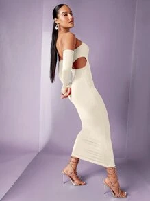 SHEIN BAE Đầm Lộ Lưng Cắt ra màu trơn Thanh lịch - Màu be - Xem 5