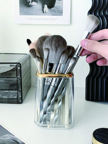 Makeup Brush Holder, 1pc Plastic Clear Makeup Organizer, Pencil Storage Bucket, Pen Cup, Toothbrush Holder, Desk Organizer Fits Countertop Vanity,Office And Bathroom - Clear - View 2