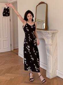 DAZY 印花吊帶連衣裙 - 黑色 - 查看 4
