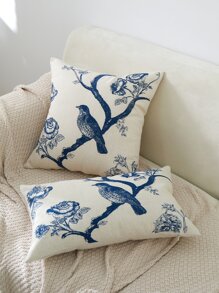 Embroided Bird Pattern Cushion Cover, Without Filler, Suitable For All Seasons