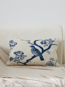 Embroided Bird Pattern Cushion Cover, Without Filler, Suitable For All Seasons
