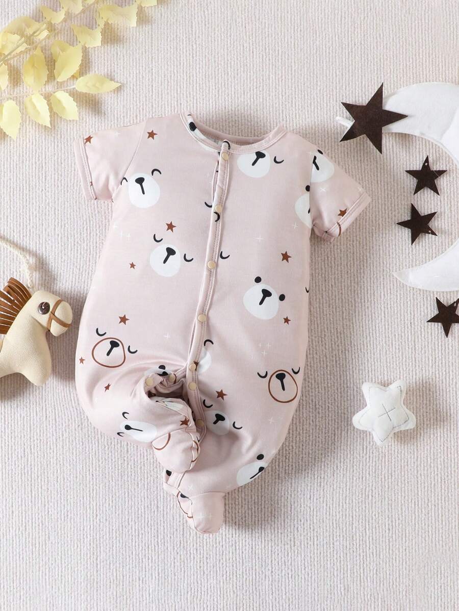 Baby Cartoon Graphic Button Front Footed Sleep Jumpsuit - Apricot - View 1