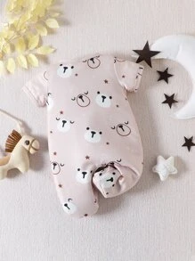 Baby Cartoon Graphic Button Front Footed Sleep Jumpsuit - Apricot - View 2