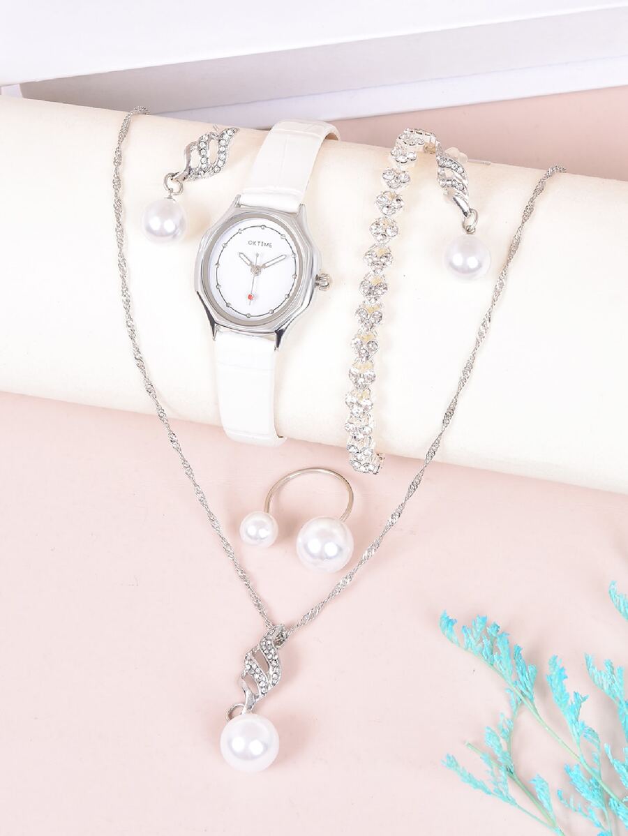 1入組多邊形指針石英表和5入組首飾套裝 - 白色 - 查看 1