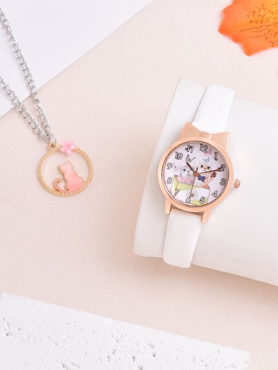 1入組兒童貓印花錶盤石英表和1入組項鍊 - 粉色 - 查看 1