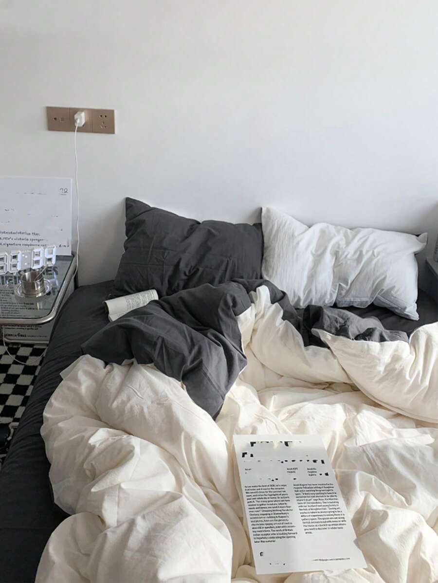 3 件套宿舍卧室白色和灰色床套 - 1 个羽绒被套，2 个枕套，超柔软，可机洗，返校床上用品 - 白色 - 查看 1