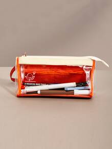 1入組素色透明文具袋簡約大容量學生筆袋辦公文具收納袋 - 橘色 - 查看 1