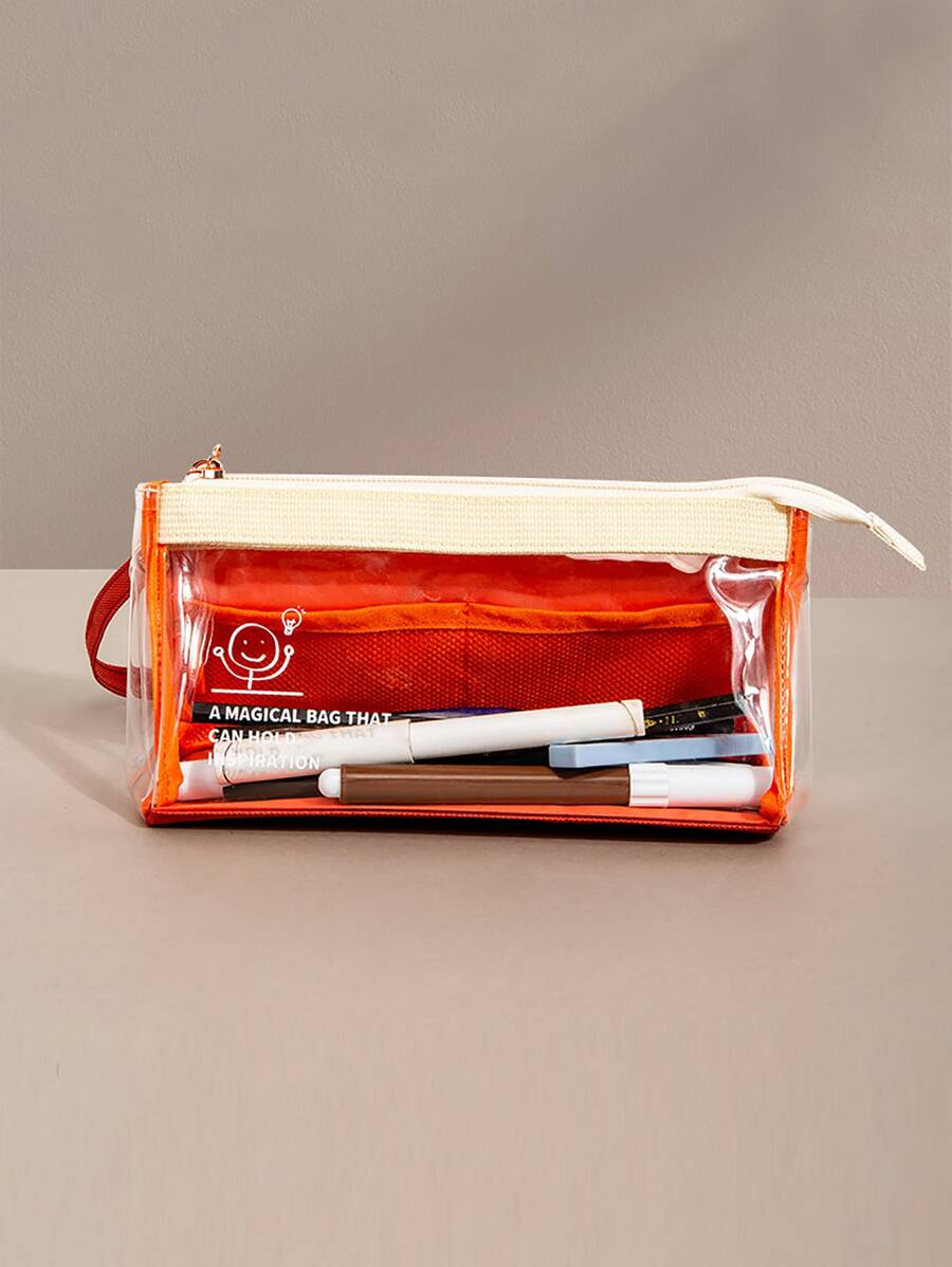 1入組素色透明文具袋簡約大容量學生筆袋辦公文具收納袋 - 橘色 - 查看 1