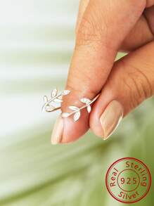 方晶鋯石樹葉裝飾銀袖口婚戒適合女士新娘婚禮精細首飾類