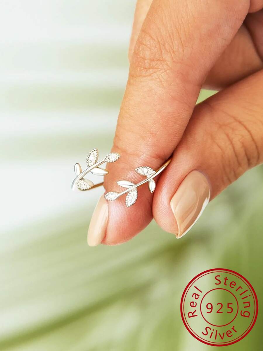 方晶鋯石樹葉裝飾銀袖口婚戒適合女士新娘婚禮精細首飾類