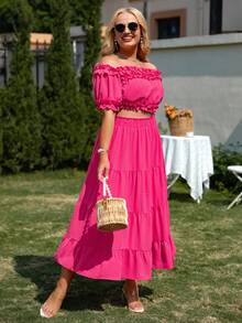 Glamaker de hombros descubiertos ribete fruncido Top & de muslo con abertura Falda - Rosa Fucsia - Ver 5