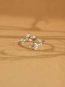 方晶鋯石樹葉裝飾銀袖口婚戒適合女士新娘婚禮精細首飾類