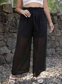 Celure Plus Paperbag Waist Belted Wide Leg Trousers - Black - View 1