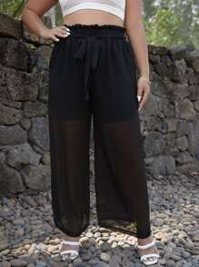 Celure Plus Paperbag Waist Belted Wide Leg Trousers - Black - View 3