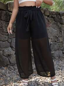 Celure Plus Paperbag Waist Belted Wide Leg Trousers - Black - View 4
