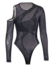 女士不对称网眼对比透视大胆前卫紧身连身衣