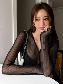 DAZY Top De Malla Transparente Sólido Sin Sujetador - Negro - Ver 1