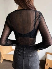 DAZY Top De Malla Transparente Sólido Sin Sujetador - Negro - Ver 2