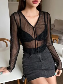 DAZY Top De Malla Transparente Sólido Sin Sujetador - Negro - Ver 3