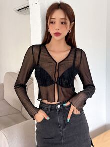 DAZY Top De Malla Transparente Sólido Sin Sujetador - Negro - Ver 5