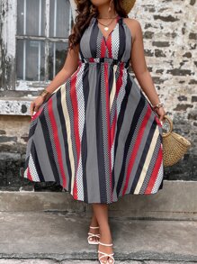 SHEIN Holidaya Vestido halter con estampado de rayas de espalda abierta con cordón - Multicolor - Ver 1