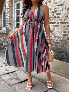 SHEIN Holidaya Vestido halter con estampado de rayas de espalda abierta con cordón - Multicolor - Ver 4