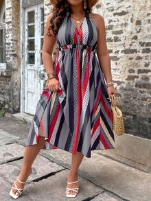 SHEIN Holidaya Vestido halter con estampado de rayas de espalda abierta con cordón - Multicolor - Ver 5