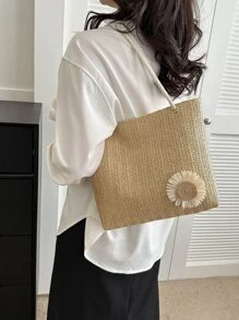 Túi đeo vai dệt sức chứa lớn dành cho nữ, Túi xách thời trang hợp thời trang mới 2024, Túi tote giản dị và sành điệu - Màu Khaki - Xem 3