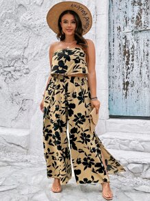 SHEIN Holidaya Plus Floral Print Tube Top & Split Thigh Wide Leg Trousers - Khaki - View 1