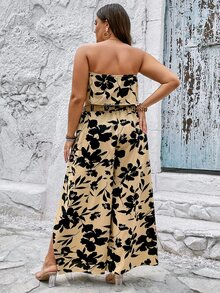 SHEIN Holidaya Plus Floral Print Tube Top & Split Thigh Wide Leg Trousers - Khaki - View 2