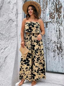 SHEIN Holidaya Plus Floral Print Tube Top & Split Thigh Wide Leg Trousers - Khaki - View 4