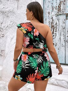SHEIN Holidaya Shorts con top con estampado tropical de un hombro - Multicolor - Ver 2