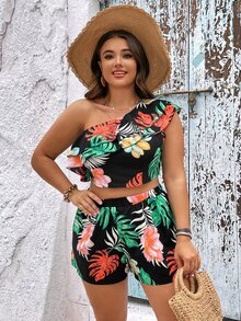 SHEIN Holidaya Shorts con top con estampado tropical de un hombro - Multicolor - Ver 5