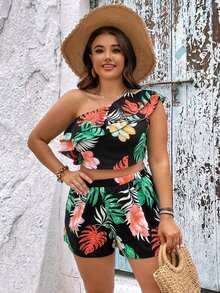 SHEIN Holidaya Shorts con top con estampado tropical de un hombro - Multicolor - Ver 6